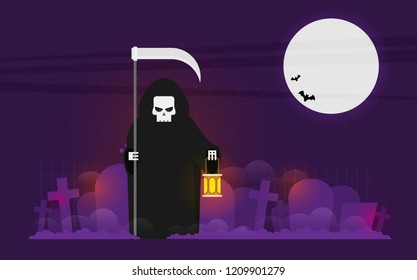 Grim reaper with a scythe an a lantern. Halloween character flat illustration