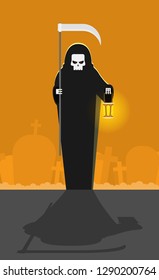 Grim reaper with a scythe an a lantern. Halloween character flat illustration