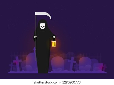 Grim reaper with a scythe an a lantern. Halloween character flat illustration