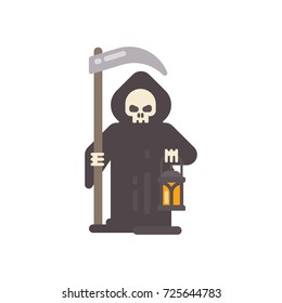 Grim reaper with a scythe an a lantern. Halloween character flat illustration