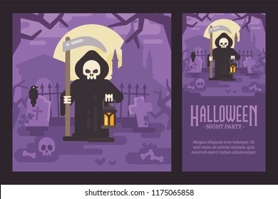 Grim reaper with a scythe and lantern in a spooky night graveyard. Halloween flat illustration and flyer