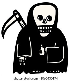 grim reaper with scythe lifting a thumb