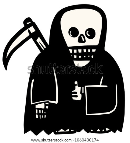 grim reaper with scythe lifting a thumb