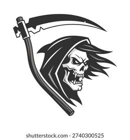A grim reaper with a scythe and a menacing expression