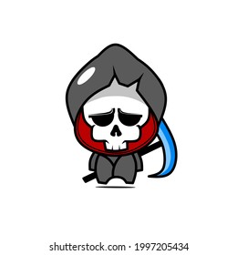 grim reaper with scythe on the back. kawaii illustration