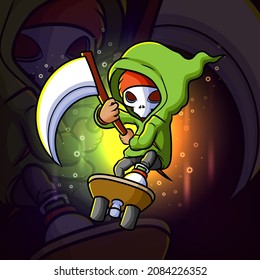 The grim reaper with the scythe plays the skateboard esport mascot design of illustration