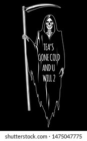 Grim Reaper with the scythe posing isolated vector illustration. Hand drawn gothic style placard, poster or print design