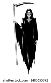 Grim Reaper with the scythe posing isolated vector illustration. Hand drawn gothic style placard, poster or print design