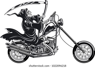 grim reaper with scythe riding motorcycle