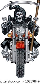 grim reaper with scythe riding motorcycle