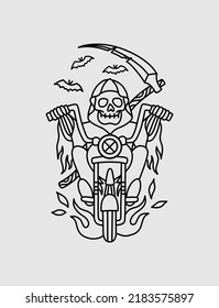 Grim Reaper With Scythe Riding Motorcycle, Line Art.