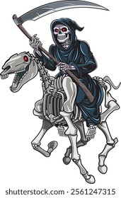 grim reaper with scythe riding skeleton horse