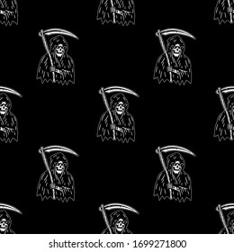 GRIM REAPER WITH SCYTHE SEAMLESS PATTERN WHITE BLACK BACKGROUND