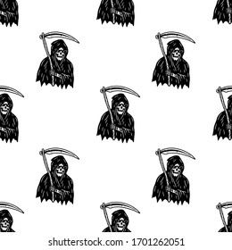 GRIM REAPER WITH SCYTHE SEAMLESS PATTERN BLACK WHITE BACKGROUND