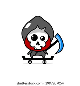 grim reaper with scythe is skateboarding. kawaii illustration