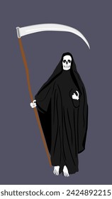 Grim reaper with scythe vector illustration isolated on background. Horrible Death with a scythe shape shadow. Scary dead skeleton in gown symbol. Scythian wont soul. Nightmare treat.