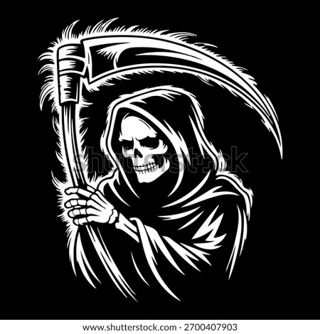Grim Reaper with Scythe Vector Illustration on Black Background. Dark Hooded Skeleton Grim Reaper Holding Scythe Cartoon Art. Death Reaper Skeleton in Hood with Scythe Illustration. Evil Grim Reaper