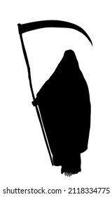 Grim reaper with scythe vector silhouette illustration isolated on white background. Horrible Death with a scythe shape shadow. Scary dead skeleton in gown symbol. Scythian wont soul. Nightmare treat.