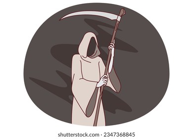 Grim reaper with scythe wearing robe representing death. Mythology concept. Flat vector illustration.
