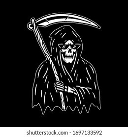 GRIM REAPER WITH SCYTHE WHITE BLACK BACKGROUND