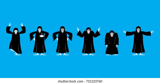 Grim reaper set poses and motion. death happy and yoga. skeleton in black cloak sleeping and angry. guilty and sad. Vector illustration
