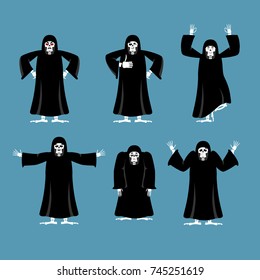 Grim reaper set poses and motion. death happy and yoga. skeleton in black cloak sleeping and angry. guilty and sad. Vector illustration
