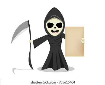 Grim reaper show empty old paper, vector cartoon