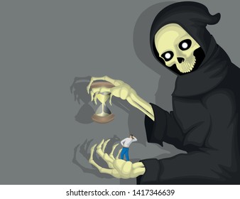 The grim reaper shows the remaining life of a man standing on his hand.