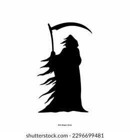 Grim Reaper silhouette. Angel of Death. death taker. Image of death in black clothes with a scythe in the center, black hood. Grim reaper in the fog. Depression, despair, fear, fear, mysticism. vector