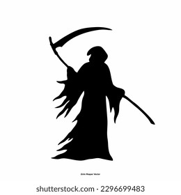 Grim Reaper silhouette. Angel of Death. death taker. Image of death in black clothes with a scythe in the center, black hood. Grim reaper in the fog. Depression, despair, fear, fear, mysticism. vector