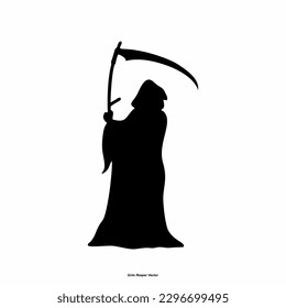 Silhouette Grim Reaper. Ángel de la muerte. moribundo. Imagen de la muerte con ropa negra con una guadaña en el centro, capucha negra. Pareja parca en la niebla. Depresión, desesperación, miedo, miedo, misticismo. vector