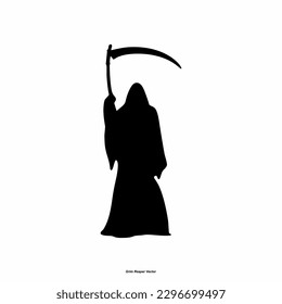 Grim Reaper silhouette. Angel of Death. death taker. Image of death in black clothes with a scythe in the center, black hood. Grim reaper in the fog. Depression, despair, fear, fear, mysticism. vector