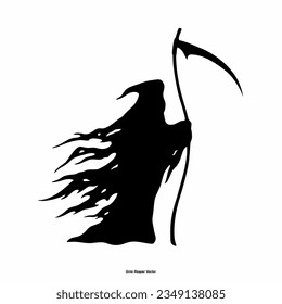 Grim Reaper silhouette. Angel of Death. death taker. Image of death in black clothes with a scythe in the center, black hood. Grim reaper in the fog. Depression, despair, fear, fear, mysticism. vector