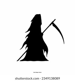 Grim Reaper silhouette. Angel of Death. death taker. Image of death in black clothes with a scythe in the center, black hood. Grim reaper in the fog. Depression, despair, fear, fear, mysticism. vector