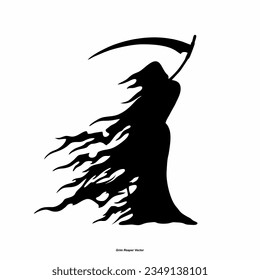 Grim Reaper silhouette. Angel of Death. death taker. Image of death in black clothes with a scythe in the center, black hood. Grim reaper in the fog. Depression, despair, fear, fear, mysticism. vector