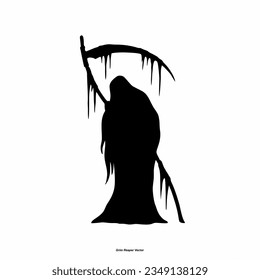 Grim Reaper silhouette. Angel of Death. death taker. Image of death in black clothes with a scythe in the center, black hood. Grim reaper in the fog. Depression, despair, fear, fear, mysticism. vector