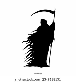 Grim Reaper silhouette. Angel of Death. death taker. Image of death in black clothes with a scythe in the center, black hood. Grim reaper in the fog. Depression, despair, fear, fear, mysticism. vector