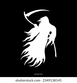 Grim Reaper silhouette. Angel of Death. death taker. Image of death in black clothes with a scythe in the center, black hood. Grim reaper in the fog. Depression, despair, fear, fear, mysticism. vector