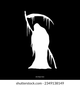 Grim Reaper silhouette. Angel of Death. death taker. Image of death in black clothes with a scythe in the center, black hood. Grim reaper in the fog. Depression, despair, fear, fear, mysticism. vector