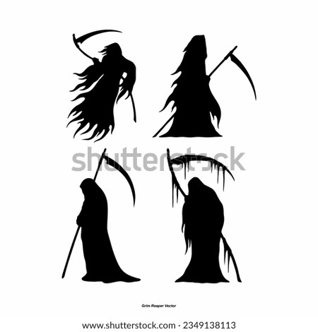 Grim Reaper silhouette. Angel of Death. death taker. Image of death in black clothes with a scythe in the center, black hood. Grim reaper in the fog. Depression, despair, fear, fear, mysticism. vector