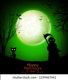 Grim reaper silhouette holding scythe with black cat on the full moon