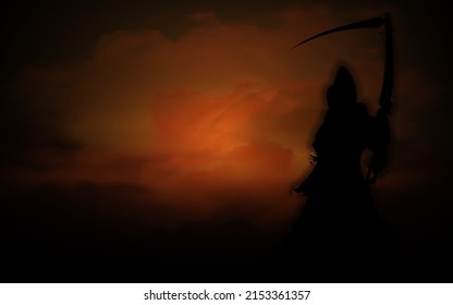 Grim Reaper Silhouette With A Red Cloud On The Dark Sky.