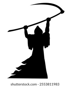 Grim reaper silhouette that is robed in black and swung large scythe. Vector icon on transparent background