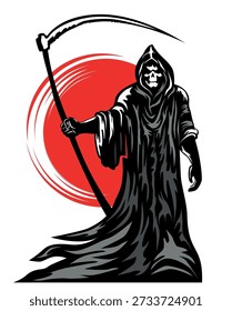 Grim reaper silhouette that is robed in black and carries  large scythe. Vector icon on transparent background with red moon