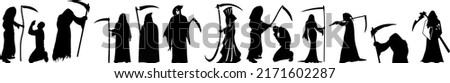 Grim Reaper Silhouette, Vector illustration of a black silhouette of a man with a hood and a scythe. Isolated on white background. The concept of death. Icon grim Reaper side view, Halloween theme