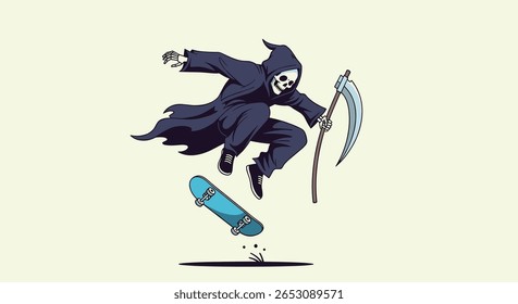 O Skatista Ceifador Ceifador Executando um Truque Aéreo Épico em um Estilo de Arte Pixel Retrô