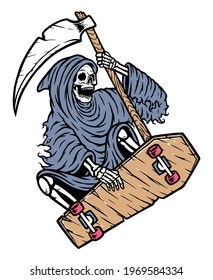 Grim reaper skateboarding vector illustration