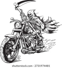 Grim Reaper Skeleton Biker Riding Motorcycle Black and White Line Art