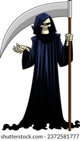 Grim Reaper Skeleton Cartoon Character With A Scythe. Vector Hand Drawn Illustration Isolated On Transparent Background