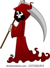 Grim Reaper Skeleton Cartoon Character With A Scythe. Vector Hand Drawn Illustration Isolated On Transparent Background